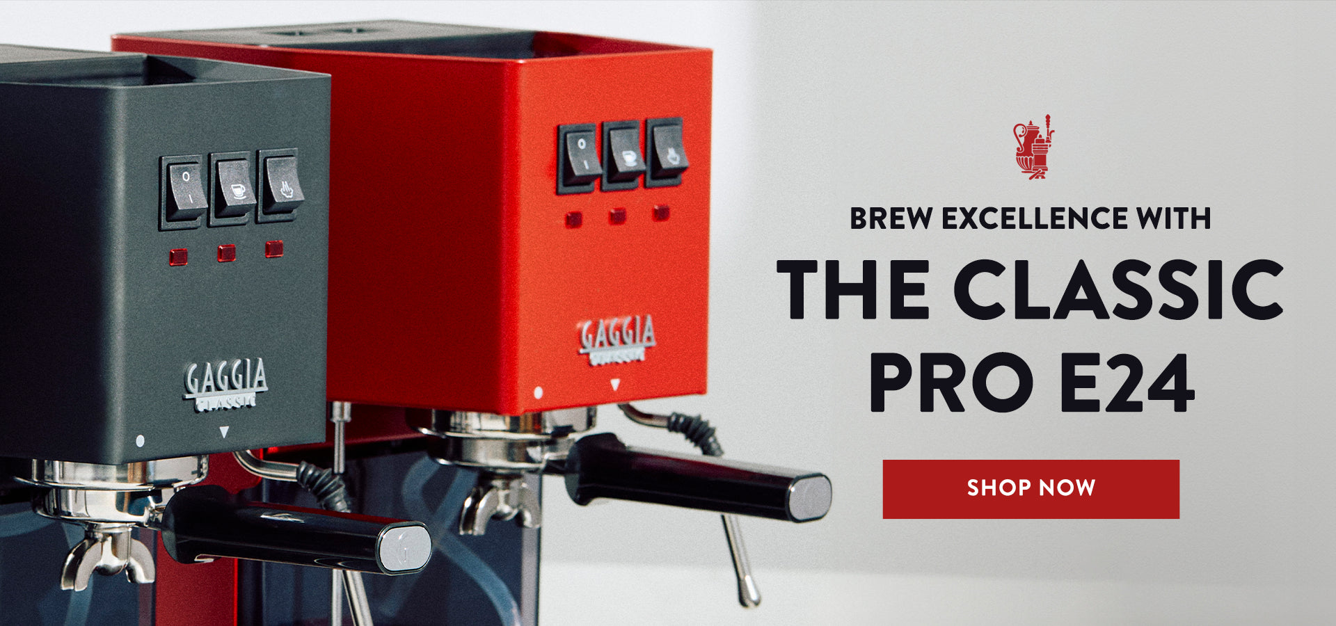 Gaggia Classic Pro in Red and Black with text that reads "Brew Excellence with the Gaggia Classic Pro E24".