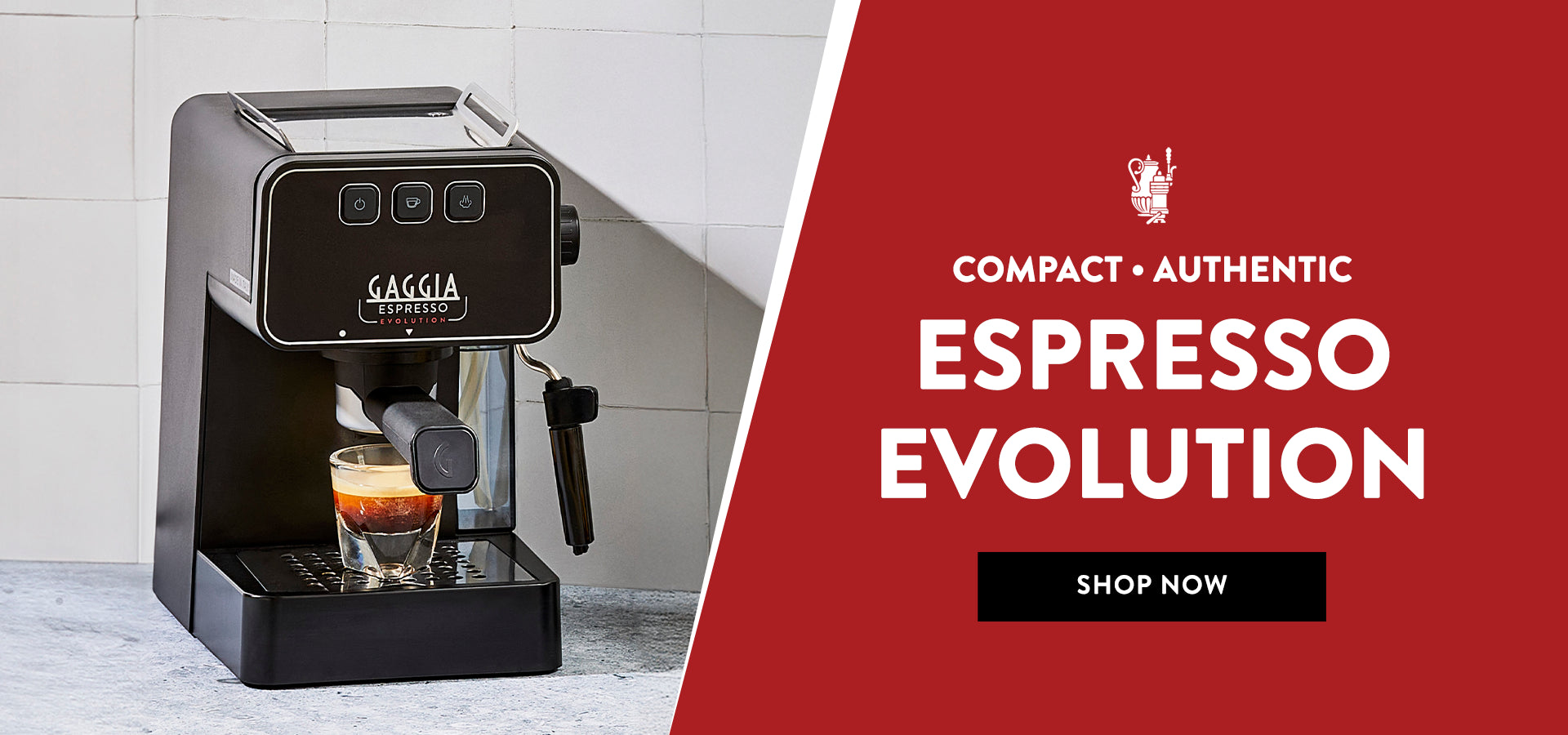 Half image of the Gaggia Espresso Evolution in Black on a counter and the other half with text that reads "Compact and Authentic - Espresso Evolution".