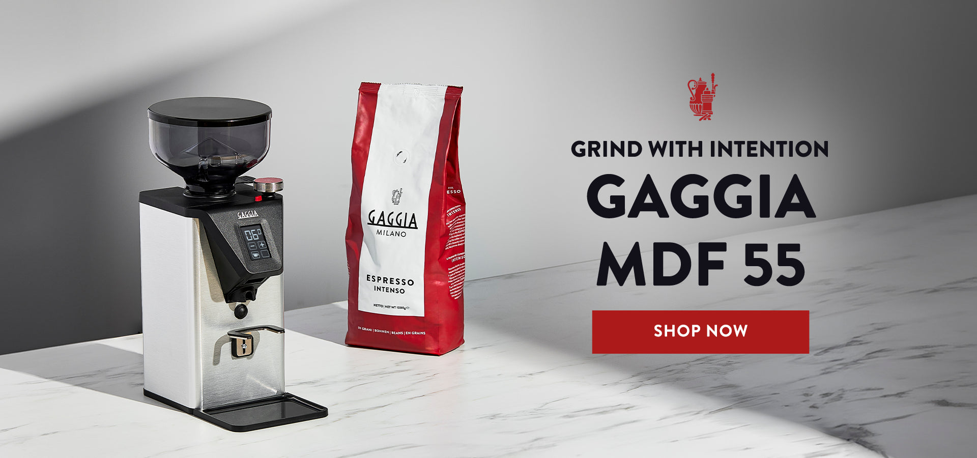 Gaggia MDF 55 next to a bag of Gaggia Intenso Coffee on a counter with text that reads "Grind with Intention - Gaggia MDF 55".