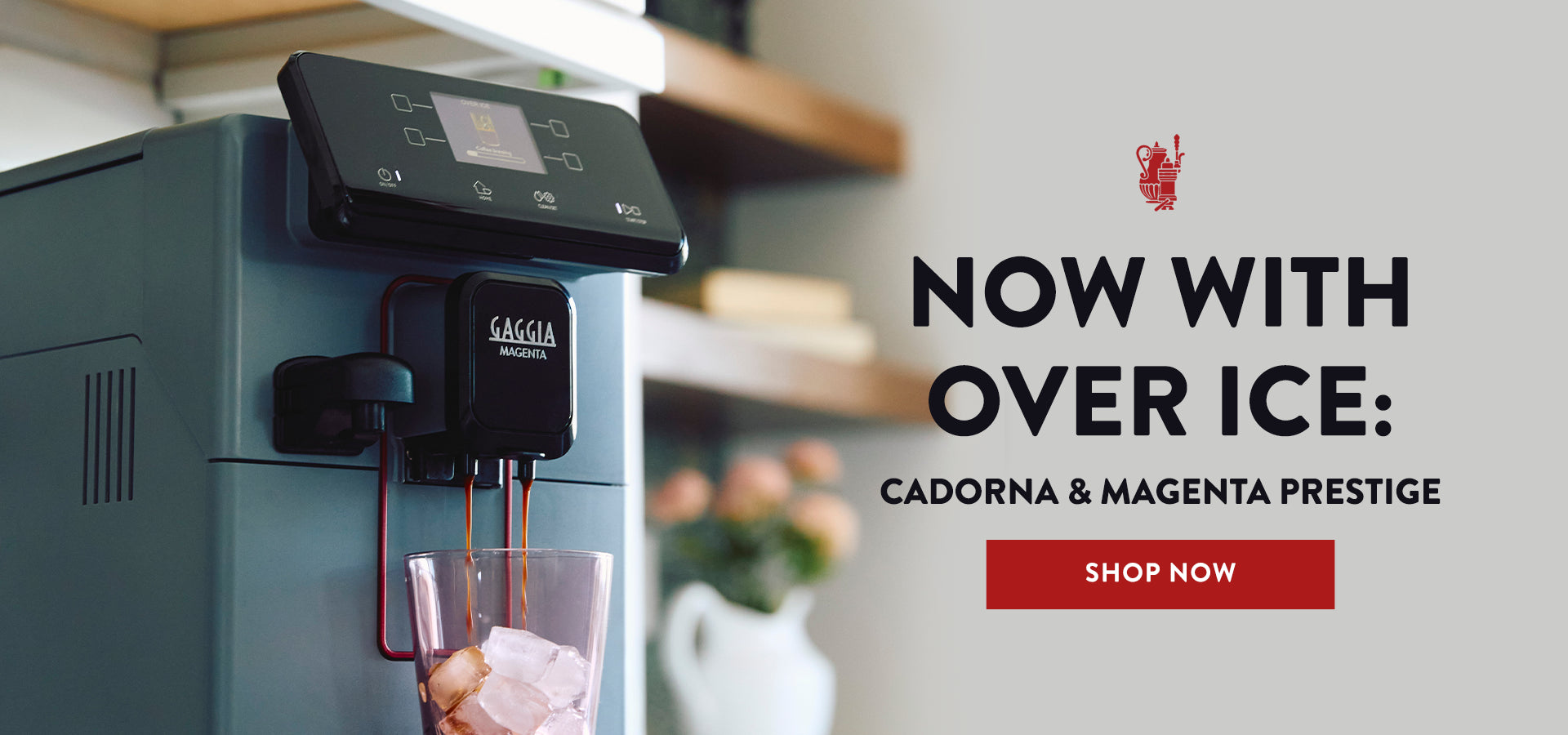 Gaggia Magenta Prestige Over Ice in moonlight gray in a kitchen with text that reads "Now with over ice: Cadorna & Magenta Prestige".